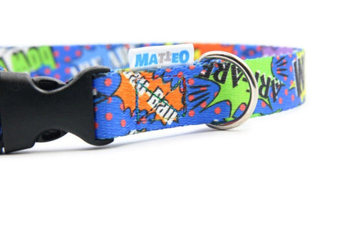 3. Close-up of blue graffiti dog collar with plastic buckle, highlighting Matteo logo and nickel-plated ring on colorful comic-style fabric