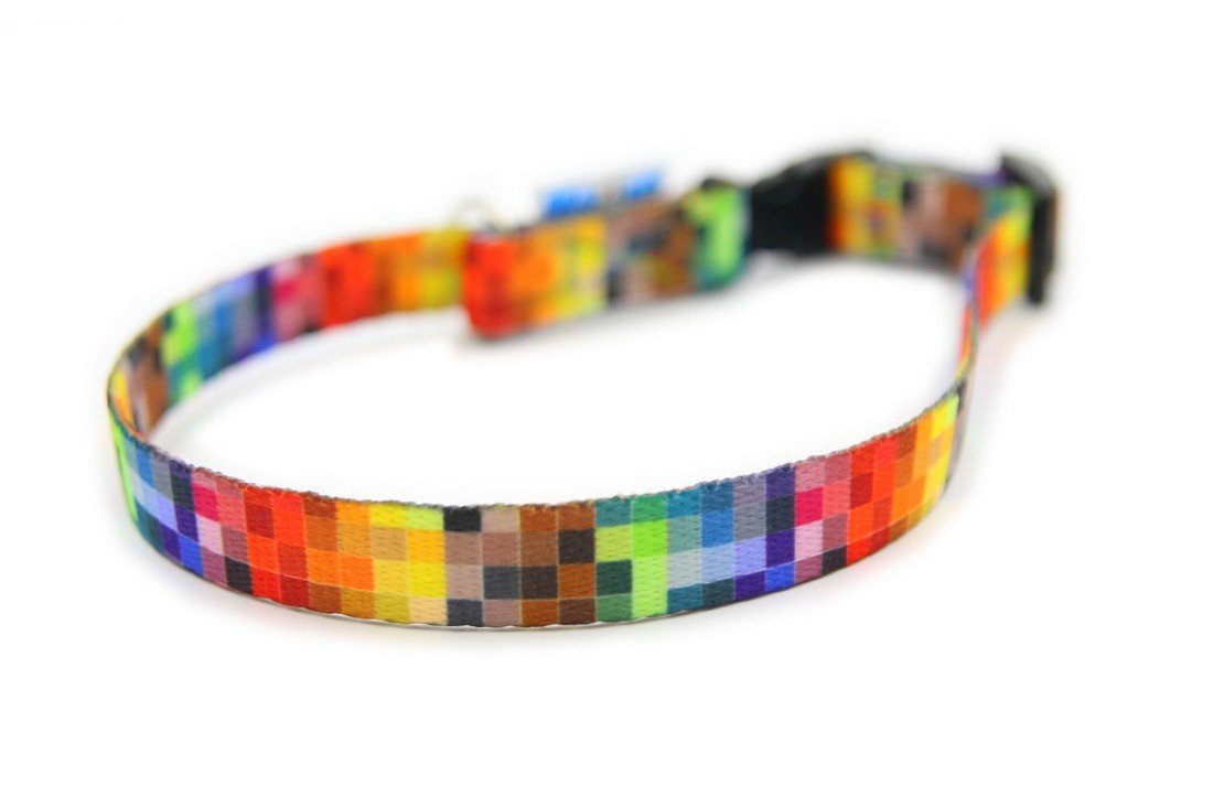 6. Colorful pixel-patterned dog collar with black plastic buckle, shown from top angle on white background