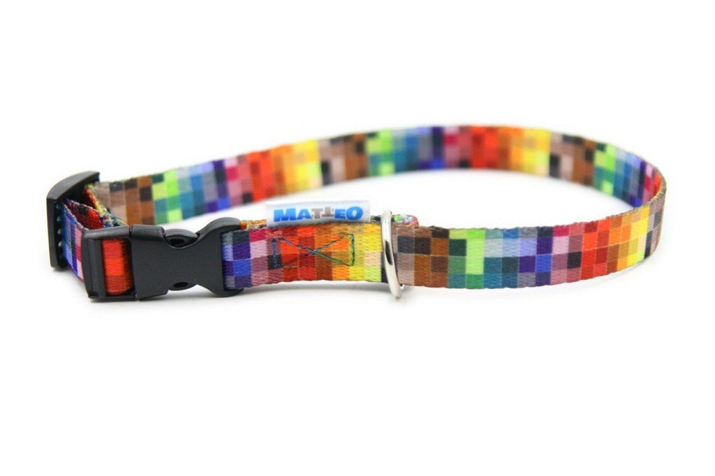 5. Colorful pixel-patterned dog collar with black plastic buckle and nickel-plated ring, shown from side on white background