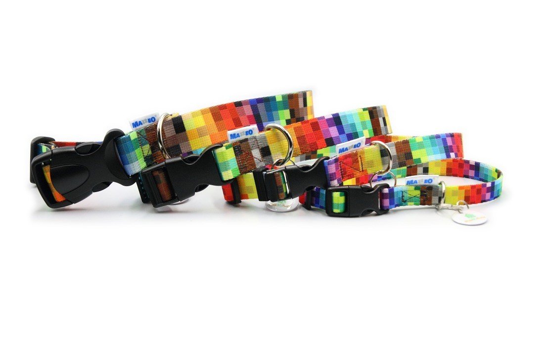 4. Multiple colorful pixel-patterned dog collars with black plastic buckles and nickel-plated rings, arranged on white background
