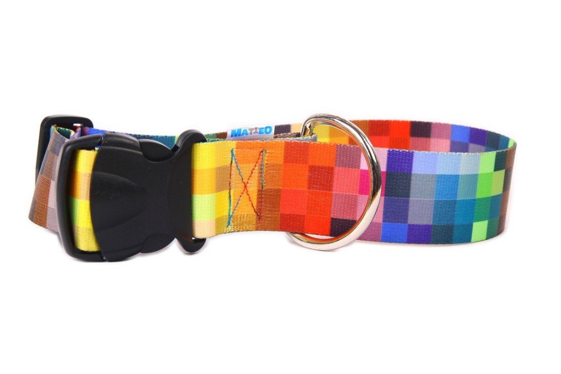 7. Close-up of colorful pixel-patterned dog collar with black plastic buckle and nickel-plated ring