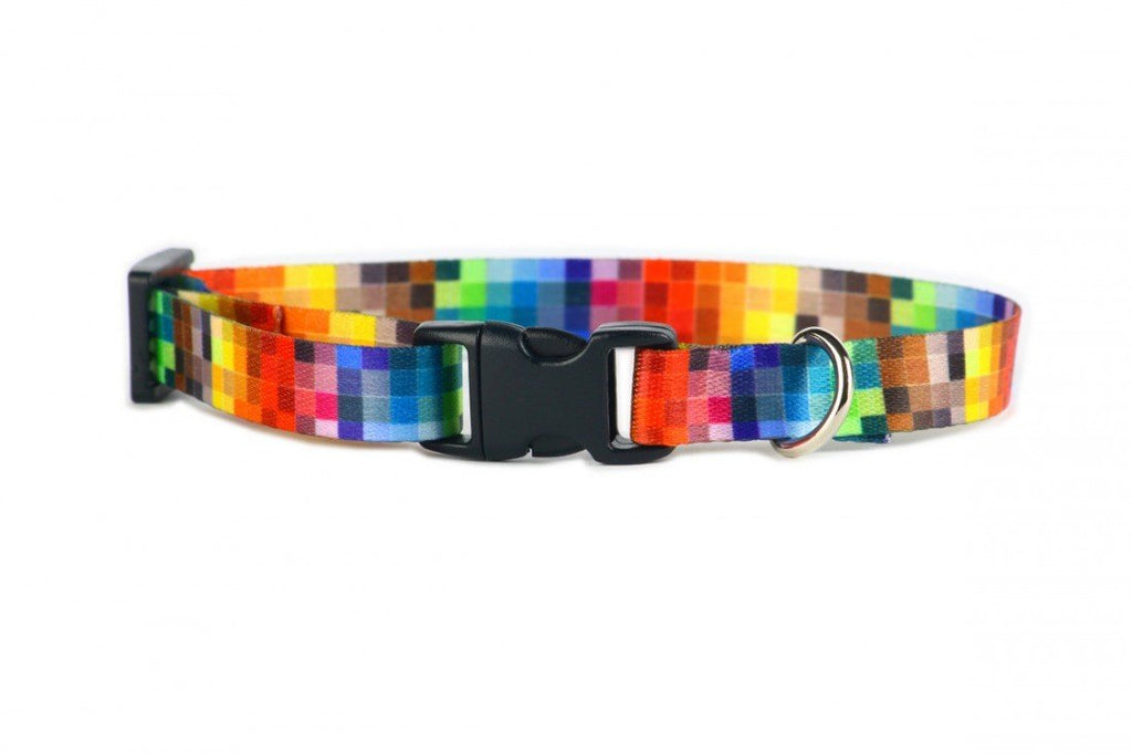 8. Colorful pixel-patterned dog collar with black plastic buckle and nickel-plated ring, shown from front on white background