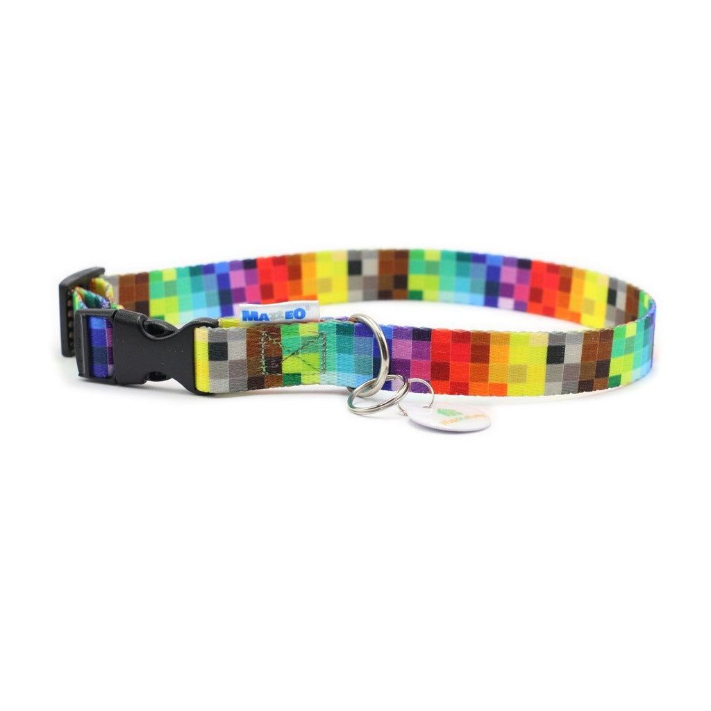 1. Colorful pixel-patterned dog collar with black plastic buckle and nickel-plated ring, shown on white background