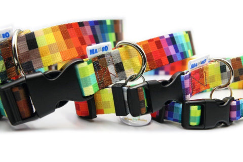 2. Assorted colorful pixel-patterned dog collars with black plastic buckles and nickel-plated rings, displayed together
