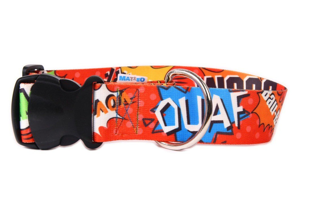 2. Red graffiti dog collar with plastic buckle and nickel-plated D-ring on white background