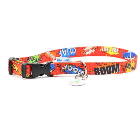 2. Red graffiti dog collar with plastic buckle and attached tag on white background