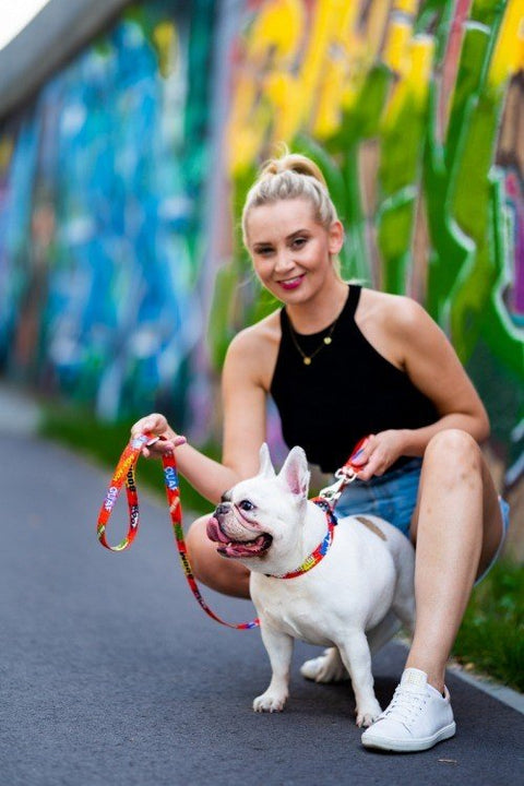1. Woman with blonde hair and French bulldog wearing red graffiti collar and leash in front of colorful graffiti wall