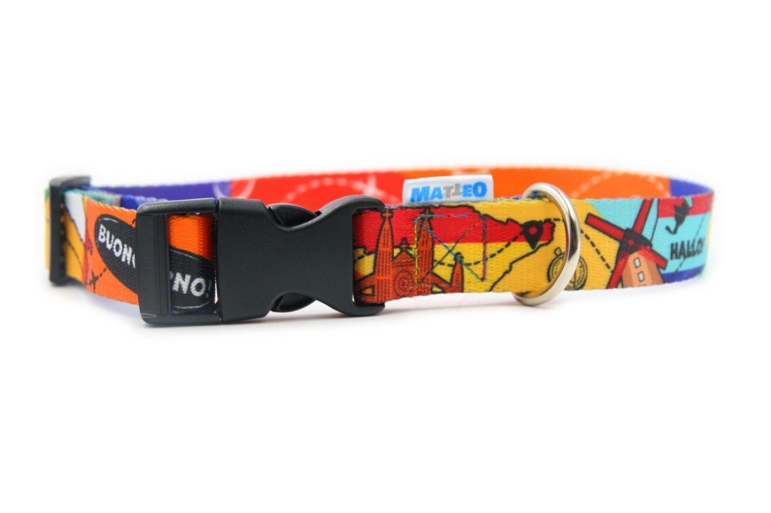 2. Travel-themed dog collar with plastic buckle, featuring colorful landmarks and 'Matteo' logo, on white background