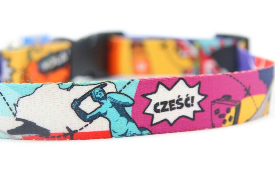 3. Close-up of travel-themed dog collar showing 'Cześć!' text and colorful landmarks on fabric