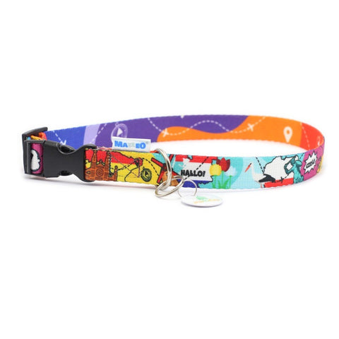 2. Colorful travel-themed dog collar with plastic buckle and metal ring, featuring landmarks like Eiffel Tower and Statue of Liberty, on white background