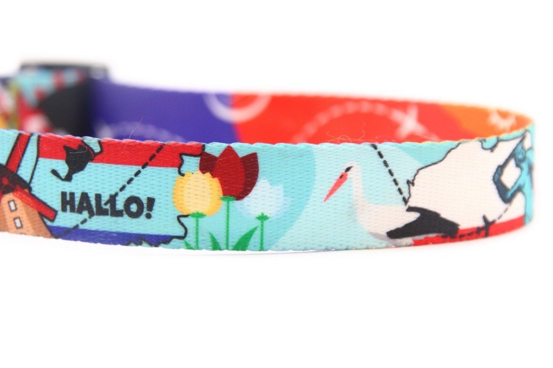 3. Close-up of travel-themed dog collar with 'Hallo!' text and colorful tulip and stork design