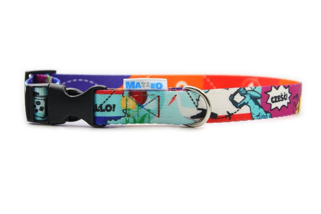 2. Travel-themed dog collar with plastic buckle, featuring colorful landmarks and 'Matteo' logo, on white background