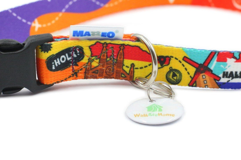 3. Close-up of travel-themed dog collar with 'Hola!' text and Sagrada Familia design