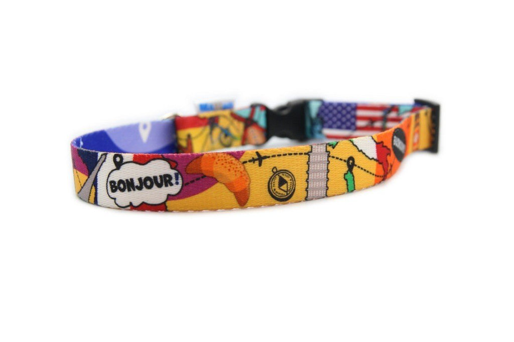 2. Travel-themed dog collar with plastic buckle, featuring colorful landmarks and 'Bonjour!' text, on white background