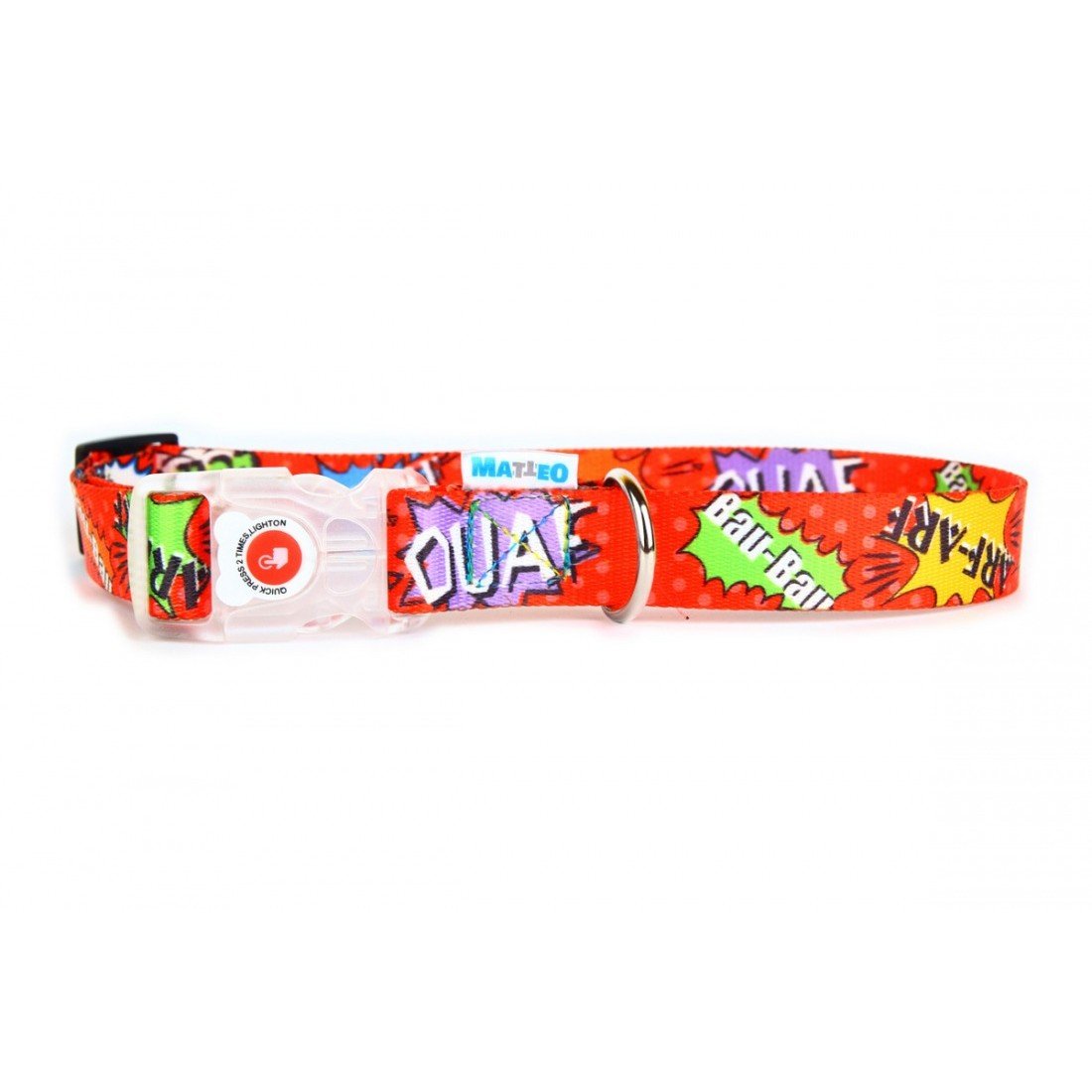2. Red graffiti dog collar with transparent LED buckle and Matteo logo, shown on white background