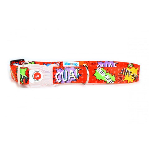 2. Red graffiti dog collar with transparent LED buckle and Matteo logo, shown on white background