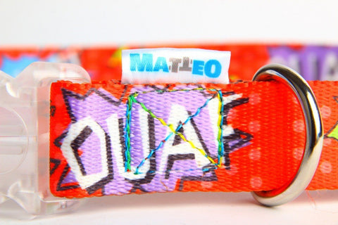 3. Close-up of Matteo logo and stitching on red graffiti dog collar with LED buckle