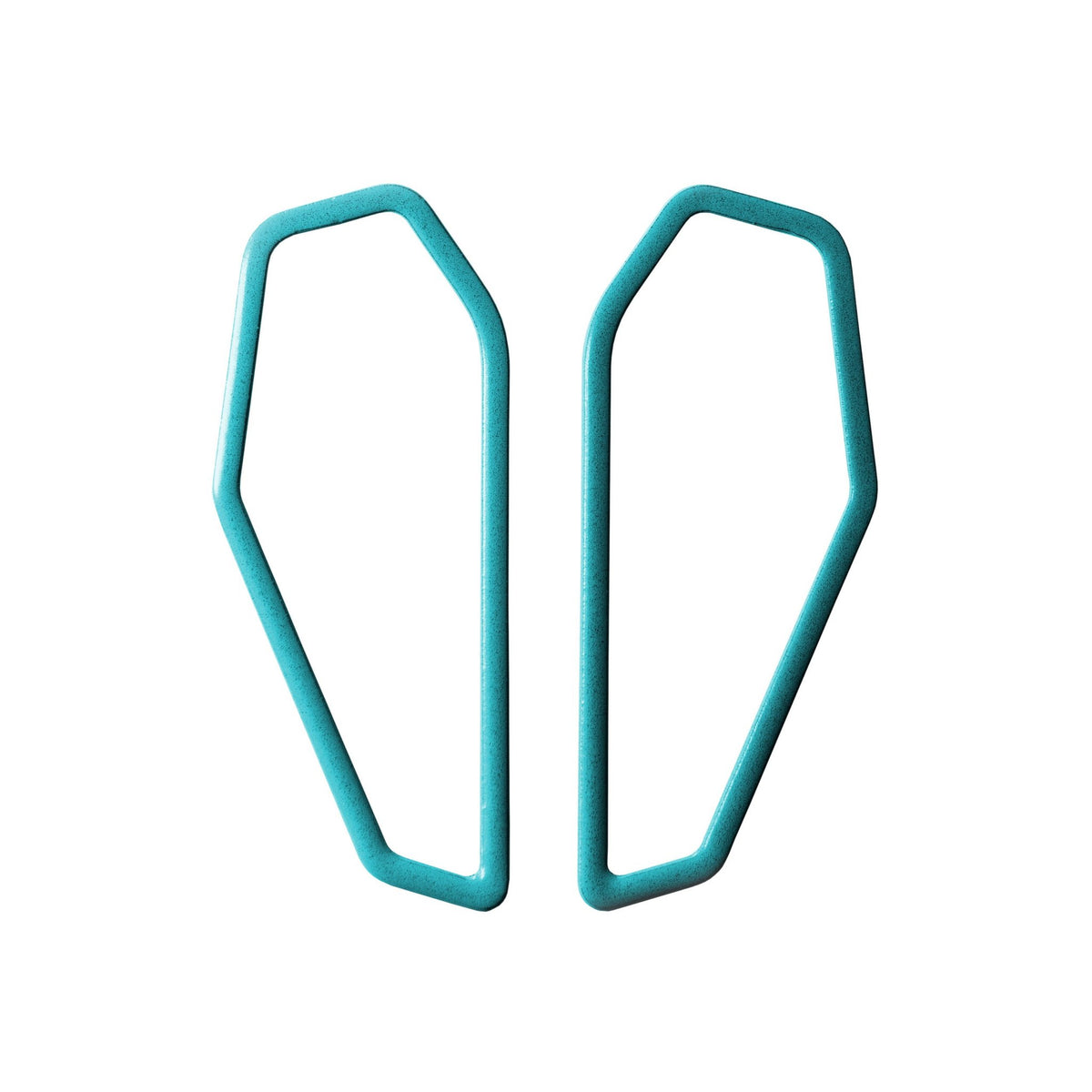 7. Lisa Kroeber Jewellery Color Frames Earrings in teal, displayed in studio