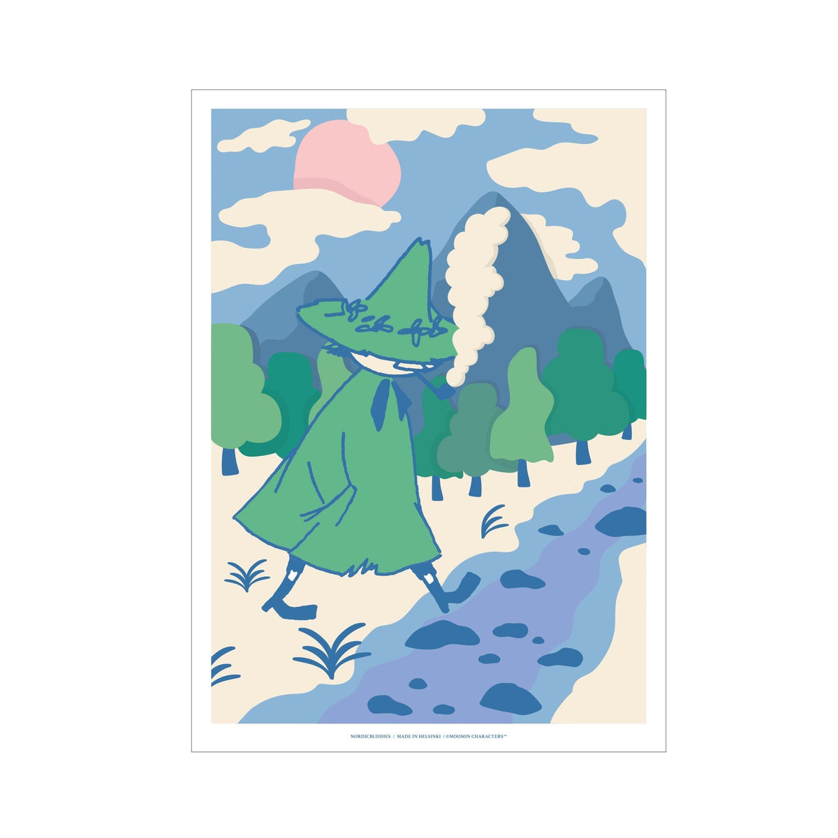 1. Snufkin poster from Moomin by NordicBuddies, 50x70 cm, featuring a whimsical landscape with Snufkin walking by a stream, printed on premium 200g silk paper