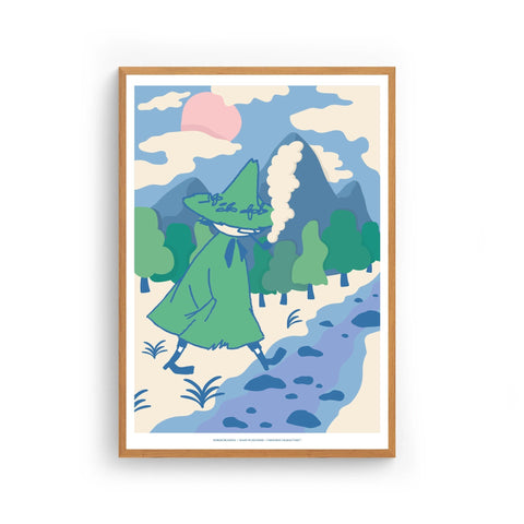2. Framed Snufkin poster from Moomin by NordicBuddies, 50x70 cm, showcasing Snufkin in a Nordic landscape, crafted on 200g silk paper