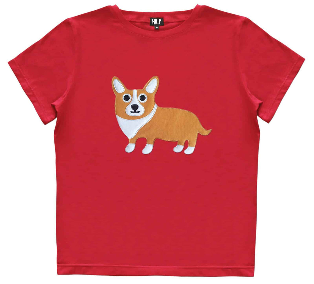 2. Women's red Corgi T-shirt by HILP, showcasing a playful corgi design, crafted from soft cotton elastane fabric