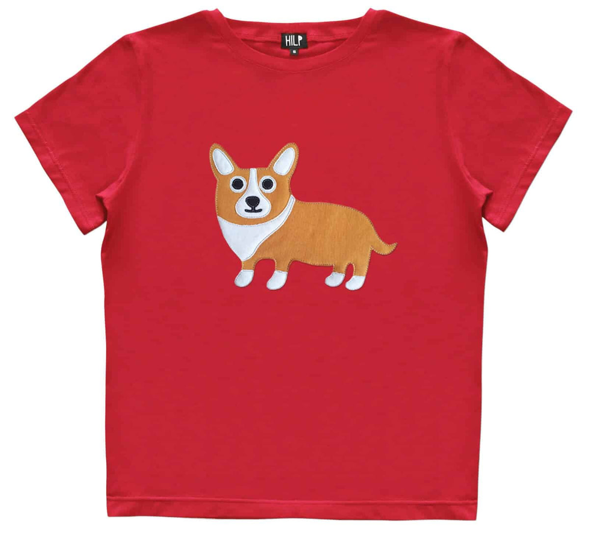2. Women's red Corgi T-shirt by HILP, showcasing a playful corgi design, crafted from soft cotton elastane fabric