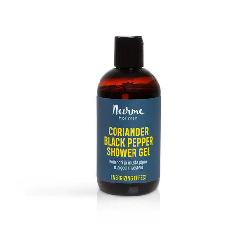 3. Nurme men's coriander black pepper shower gel in amber bottle, labeled for energizing effect