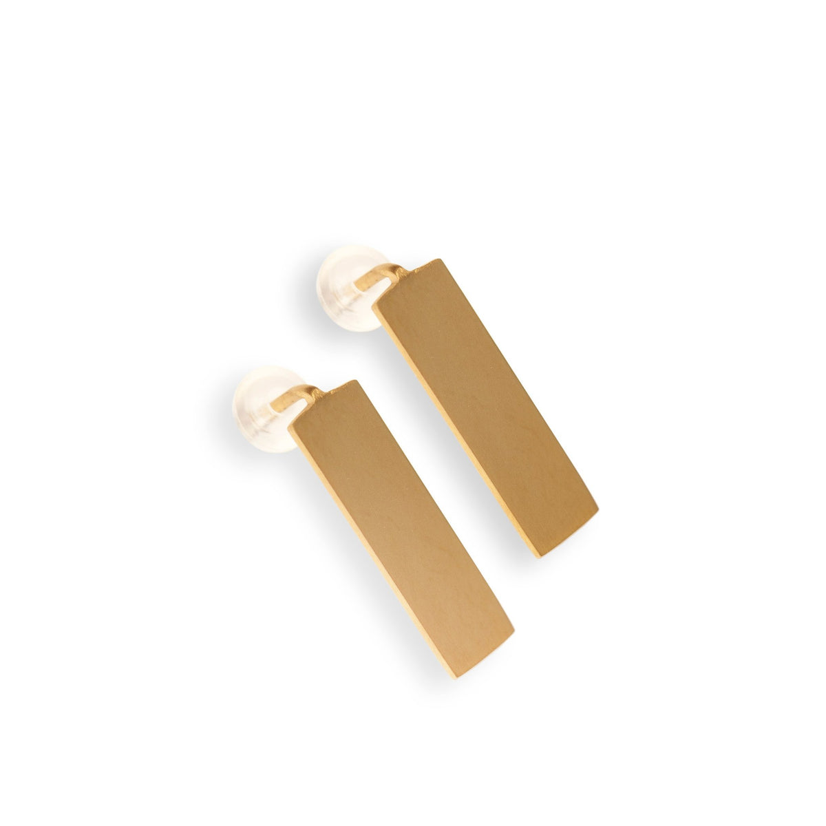 2. Pair of Lentsius Sunlit earrings with golden PVD TiCN coating and silicone backing on white background