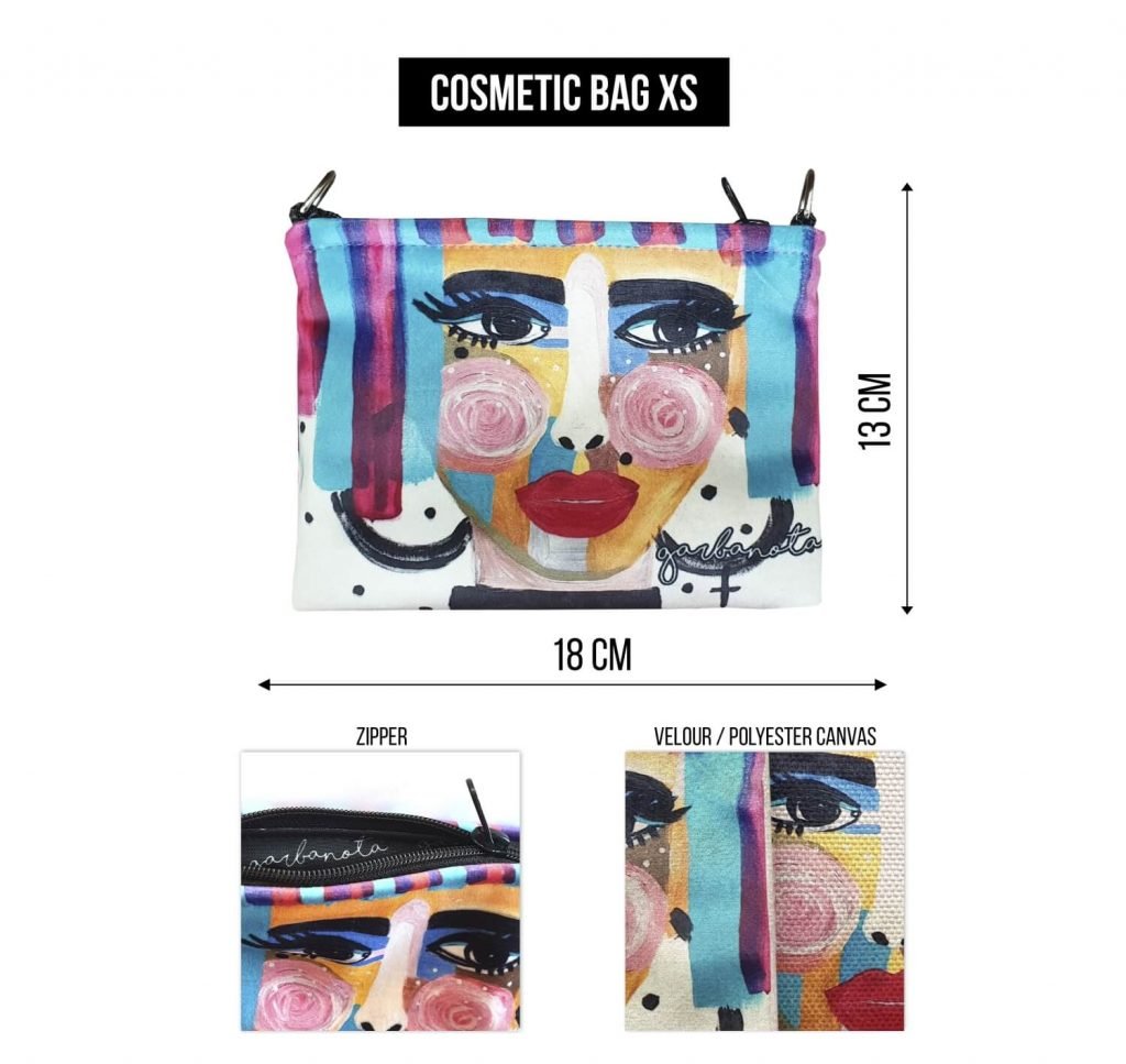 3. Size chart for Garbanota XS colorful mosaic makeup bag, showing dimensions and material details
