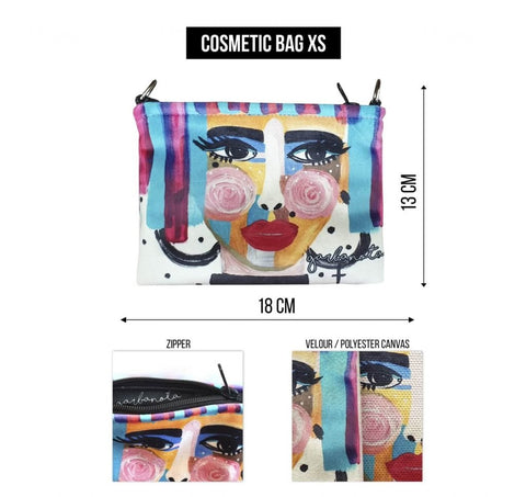 4. Garbanota black makeup bag with artistic print, styled with sneakers, sunglasses, and book
