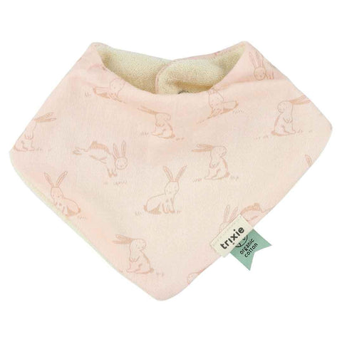 3. Pink Trixie Baby bandana bib with rabbit print and organic cotton tag, shown on white background