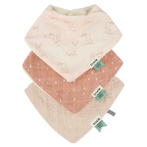2. Set of three Trixie Baby bandana bibs in pink rabbit print, peach with dots, and beige, displayed in a stack