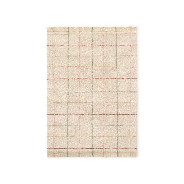 2. Natural cotton rug with multicolor stripes and fringes on edges, shown flat on white background