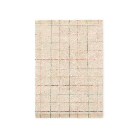 2. Natural cotton rug with multicolor stripes and fringes on edges, shown flat on white background