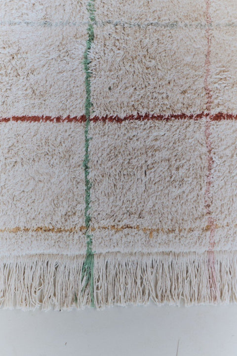 3. Close-up of natural cotton rug showing multicolor stripes and fringe detail