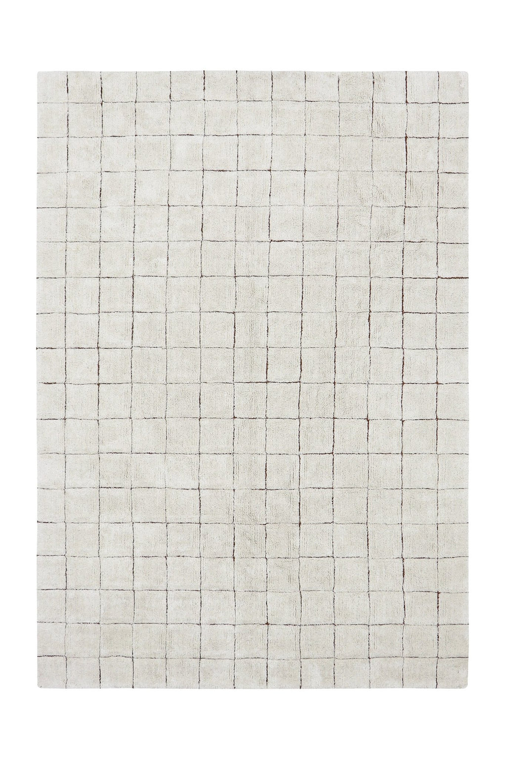 7. Flat lay of Lorena Canals mosaic cotton rug showing full toffee-colored grid pattern