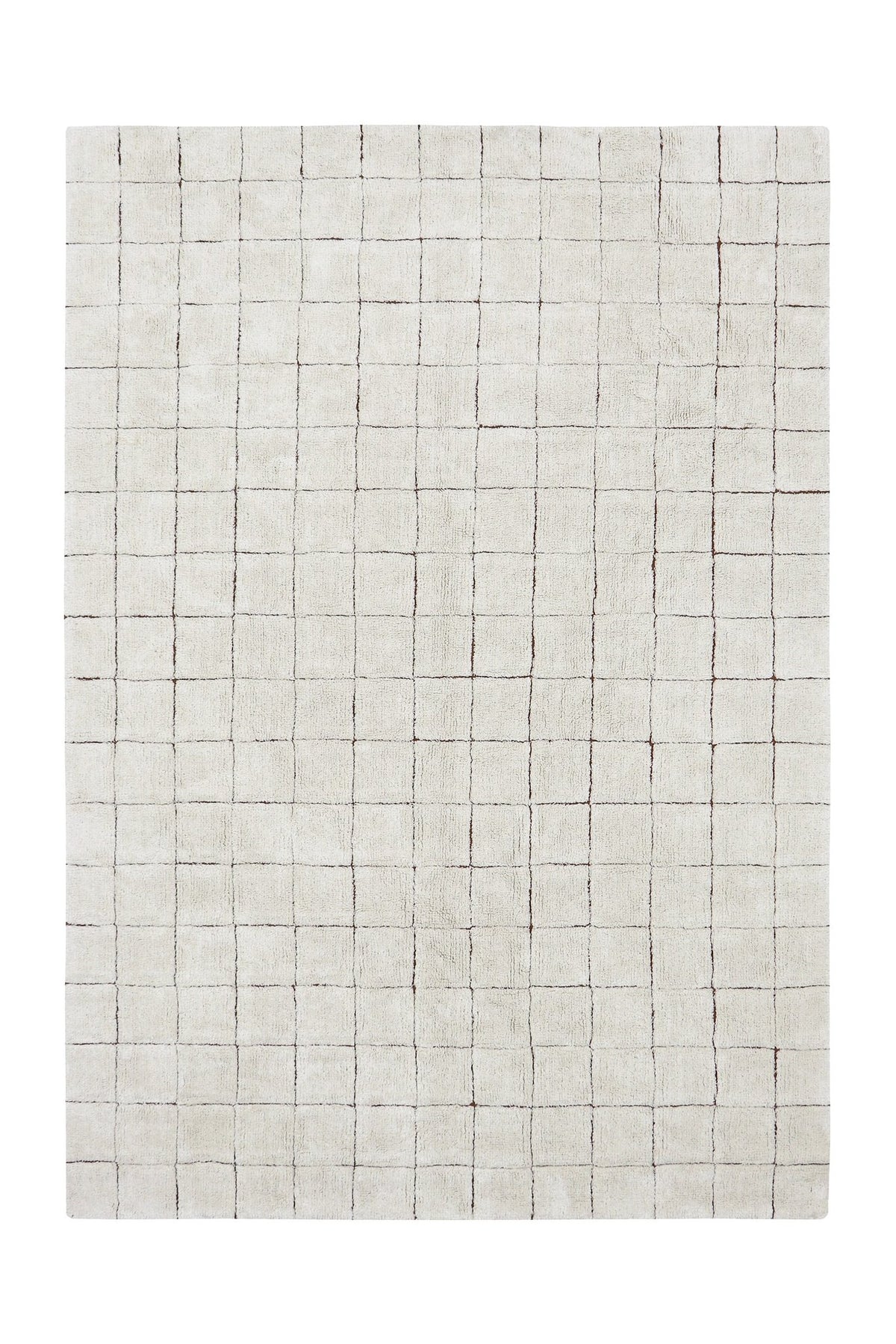 7. Flat lay of Lorena Canals mosaic cotton rug showing full toffee-colored grid pattern