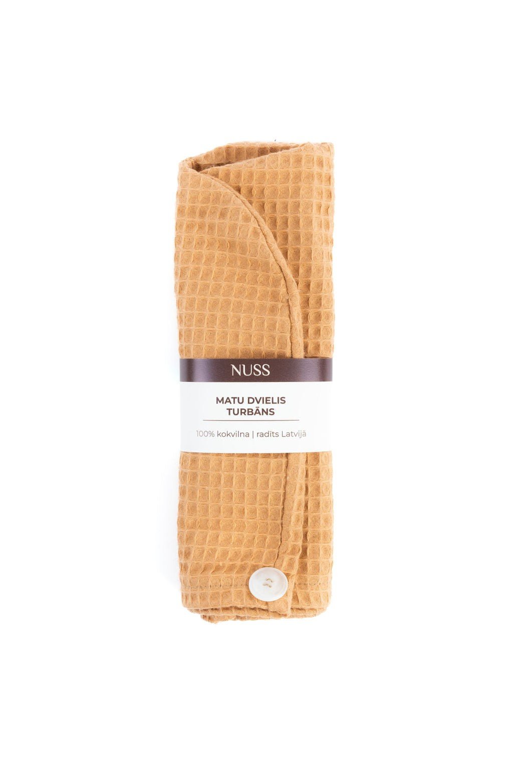 14. Orange cotton waffle hair towel turban folded with Nuss branding on white background