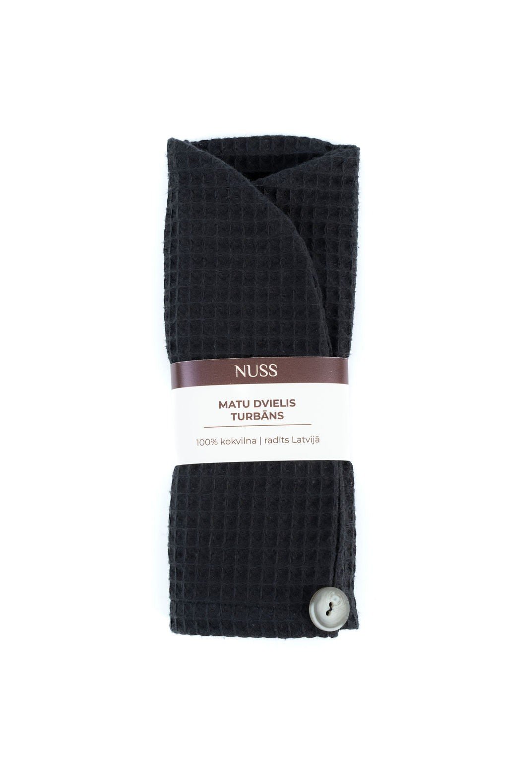 13. Black cotton waffle hair towel turban folded with Nuss branding on white background