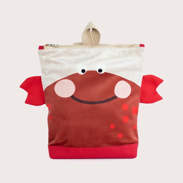 3. Studio image of Muni kids crab backpack, front view showing cute crab motif and velvet fabric