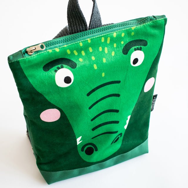 6. Close-up of Muni crocodile backpack highlighting face design and zipper