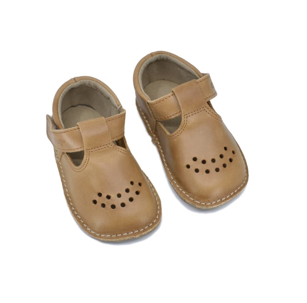 2. Pair of Lusti leather kids' shoes in tan with adjustable Velcro fasteners and breathable design, shown in studio