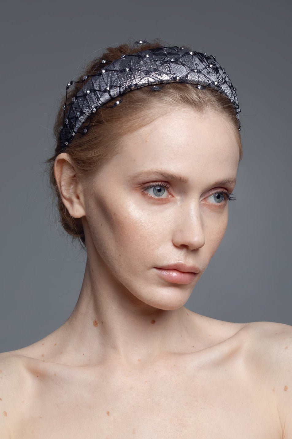 1. Women's Fiona headband with honeycomb veil and Swarovski crystals by Eva Oherjus, worn by model