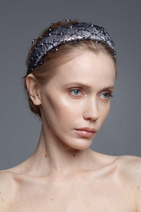 1. Women's Fiona headband with honeycomb veil and Swarovski crystals by Eva Oherjus, worn by model