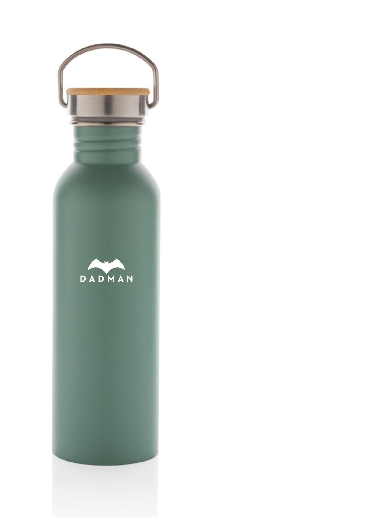2. Green DADMAN thermos bottle with bamboo lid on a white background