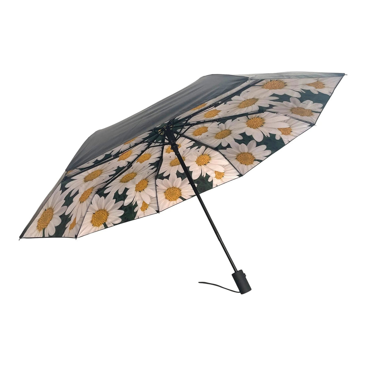 1. Daisy umbrella with vibrant floral pattern and black exterior shown open against a white background