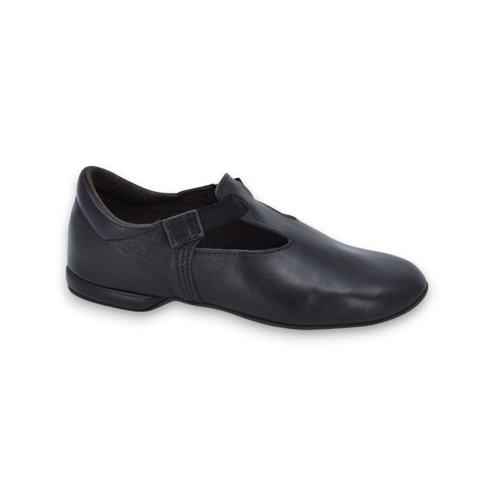 3. Studio image of OmaKing Kergatsi black dance shoe with leather upper and elastic strap