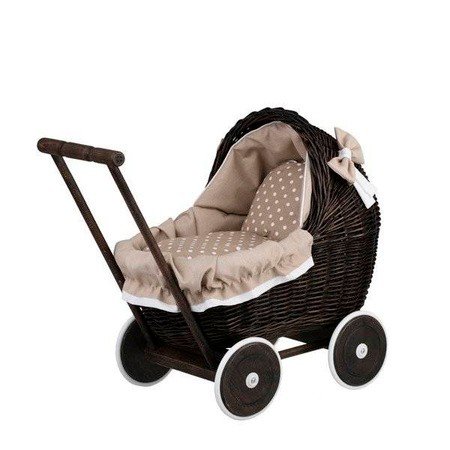 1. Dark painted wicker doll pram with beige polka dot bedding and wooden handle, shown in a studio setting