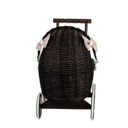 3. Rear view of dark painted wicker doll pram with beige bedding and bows, studio lighting