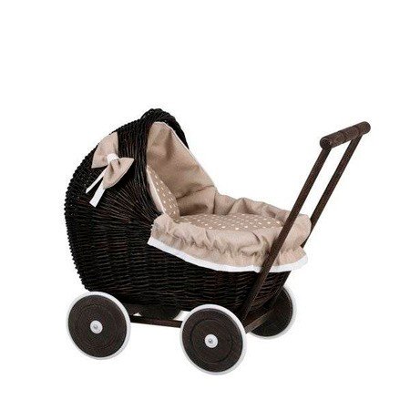 8. Dark painted wicker doll pram with beige bedding, shown from front angle, studio setting